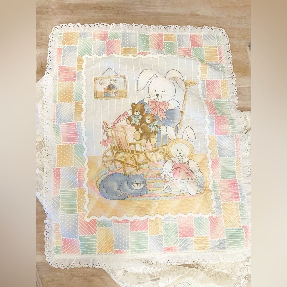 Vintage Pastel Bunny & Teddy Nursery Crib Blanket